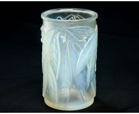 Rene Lalique, a Laurier opalescent glass vase, circa 1922, model 947, of cylindrical form, moulded with leaves and berries in
