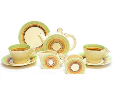 Clarice Cliff for Wilkinson, a target Bon Jour tea for two set, green and brown concentric ring decoration, including, teapot