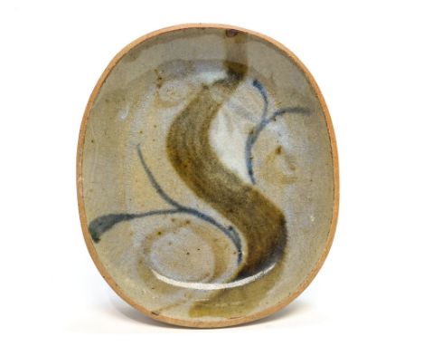 Michael Leach (1913-1985) for Yelland, a studio pottery stoneware dish, decorated with stylised foliage in blue and green gla