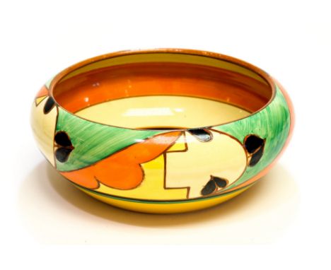 Clarice Cliff for Wilkinson, a Feathers and Leaves, Hiawatha shape bowl, Fantasque marks to base, 23cm diameter