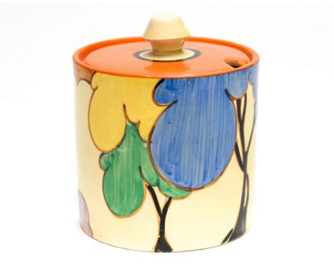 Clarice Cliff for Wilkinson, a Blue Autumn drum preserve pot, Bizarre marks, 9.5cm high