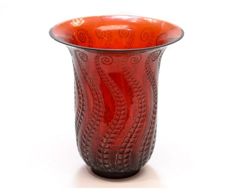 Rene Lalique, Meduse, a red glass vase, circa 1921, model 950, moulded tentacle design on a flared body, engraved signature t