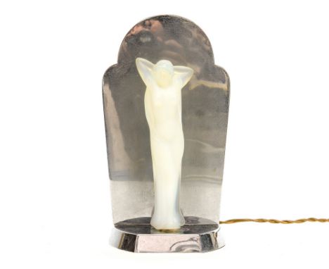 An Art Deco opalescent glass figural lamp, on chrome rame and stand, probably Jobling, the underside stamped with registered 