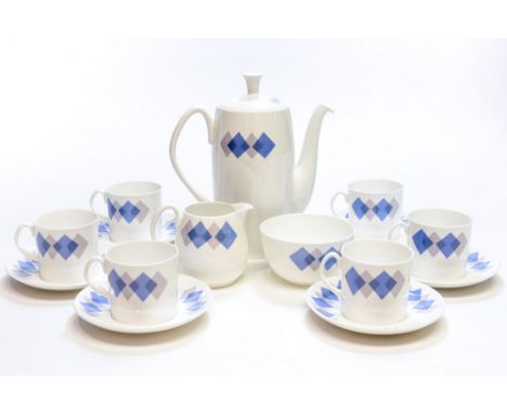 A Shelley coffee set, circa 1950, diamond pattern in blue and purple on white, including coffee pot, cans and saucers