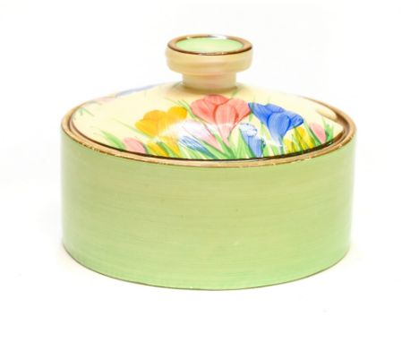 Clarice Cliff for Newport Pottery, a Spring Bon Jour preserve dish, 10.5cm diameter, together with a Rhodanthe variant drum p
