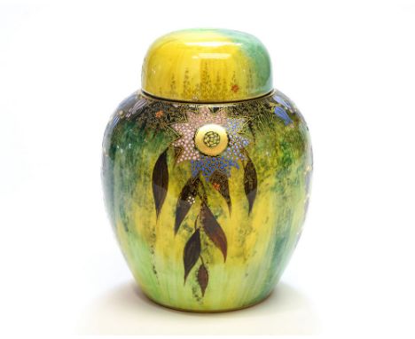 A Carlton Ware Art Deco lustre ginger jar, Babylon design, green streaky ground with jewelled and gilt flowering vine decorat