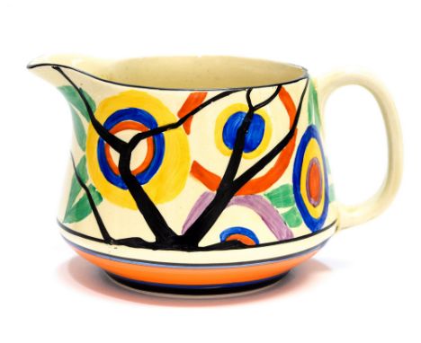 Clarice Cliff for Wilkinson, a RAF or Circle Tree pattern jug, Fantasque marks, 9.5cm high