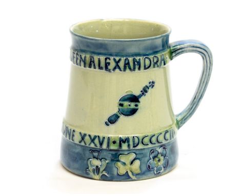 William Moorcroft for Mr and Mrs Lasenby Liberty, a commemorative mug, 1902, for the Coronation of Edward VII and Queen Alexa