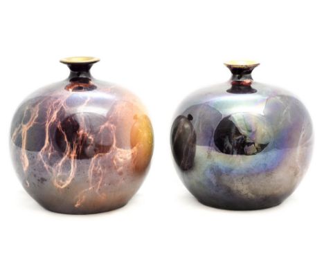 John Butler for Wilkinson, a near pair of Oriflamme vases, spherical form with squat necks, gilded to the inner rim, 16cm hig