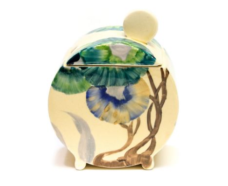 Clarice Cliff for Wilkinson, an Aurea, Bon Jour pattern preserve pot, blue green palette, Bizarre marks, 11cm high 
