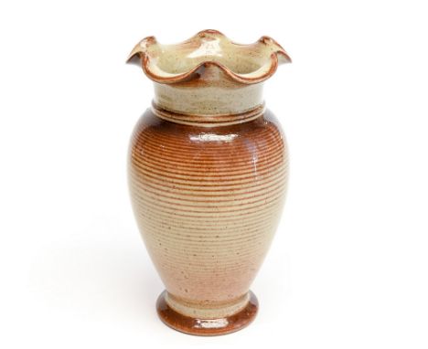 Alan White for Poole Pottery, a hand thrown ironstone vase, circa 1983, shouldered form with crimped rim, terracotta draining