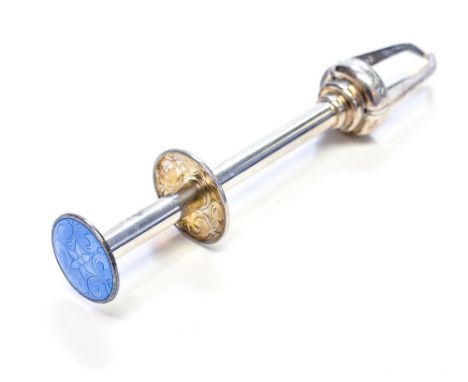 Aksel Holmsen, a Norwegian enamelled white metal ice or sugar gripper, push button mechanism, the top with blue guilloche ena