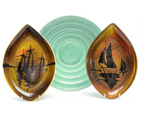 Poole Pottery, an Art Deco Plane Ware dish, concentric ring design with matte mottled glaze, impressed marks 971, together wi