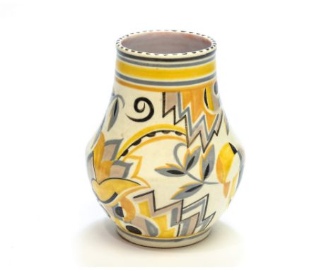 Poole Pottery, an Art Deco YE pattern vase, angular baluster form with geometric zigzag and leaf design in yellow and grey, p