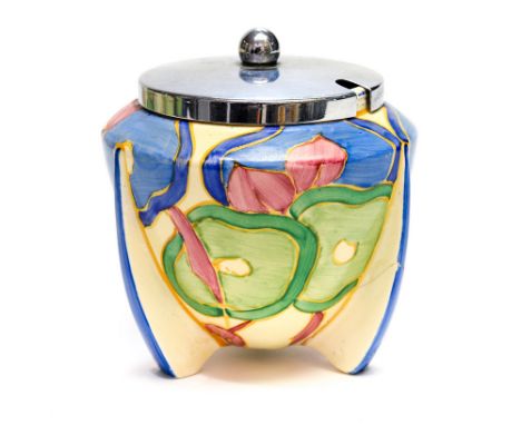 Clarice Cliff for Newport Pottery, a Blue Chintz tripod shape preserve pot with chrome lid, together with a Blue Chintz drum 