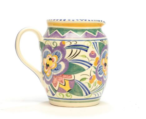 A Poole Pottery jug, of barrel form, with geometric floral design below zig zag banding, decorated by Marian Heath (marked), 