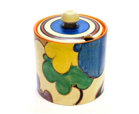 Clarice Cliff for Wilkinson, an Autumn drum preserve pot, Bizarre and Crocus marks to underside, 10cm high