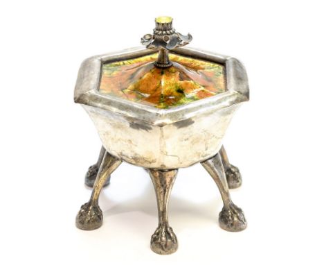 Charles Robert Ashbee for the Guild of Handicraft (attributed), an Arts and Crafts white metal and enamelled lidded cup, the 
