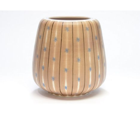 Alfred Read for Poole Pottery, a Freeform YMB battern vase, cushioned cylinder form with vertical design, 17cm high