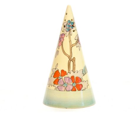 Clarice Cliff for Wilkinson, a conical sugar sifter, possibly Pearl Tree, decorated with a fruiting tree in a hilly landscape
