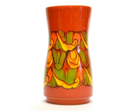 A Poole Pottery Delphis vase, waisted cylinder form, red, green and yellow decoration, impressed marks, 23cm high