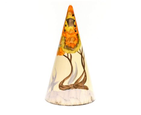 Clarice Cliff for Wilkinson, a Rhodanthe conical sugar sifter, Bizarre marks, 14cm high