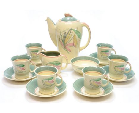 A Susie Cooper coffee set, Kestrel pattern coffee pot, circa 1936, decorated with leaf and speckle design in pink, green and 