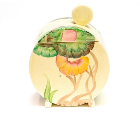 Clarice Cliff for Wilkinson, an Aurea, Bon Jour preserve pot, yellow, green and pink palette, Bizarre marks, 11cm high