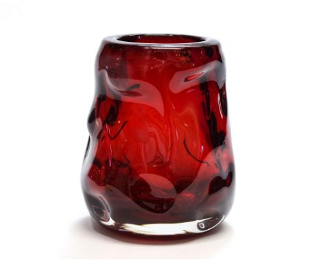 William Wilson and Harry Dyer for Whitefriars, a ruby glass knobbly vase, pattern 9843, 13cm high