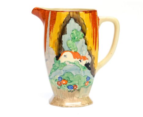 Clarice Cliff for Wilkinson, a Forest Glen, Athens shape jug, printed Honeyglaze mark, 16cm high