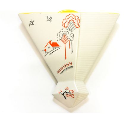 A Sylvac, Art Deco ceramic wall plaque, in the form of a folded napkin or fan, decorated with woodland cottage and birds, 23c