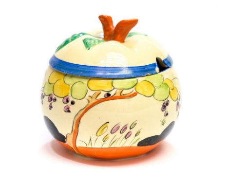 Clarice Cliff for Wilkinson, a Tulips marmalade or preserve pot, in the form of an orange, Bizarre marks, 9cm high