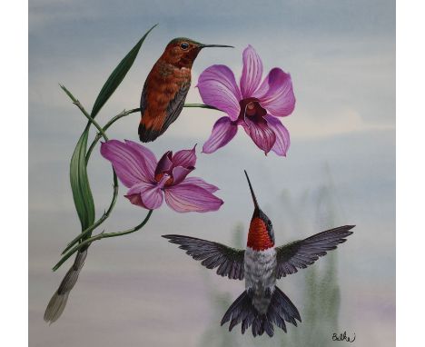 Don Balke (North Carolina, B. 1933) "Rufous and Ruby-throated Hummingbirds" Signed lower right. Original Watercolor painting 