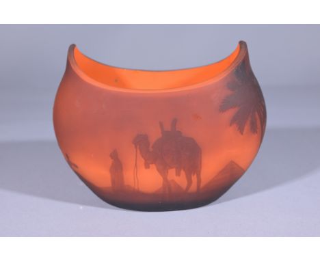 Galle Cameo Glass Vase. Having dessert village scene. Dimensions: 5.25 x 6.5 in.