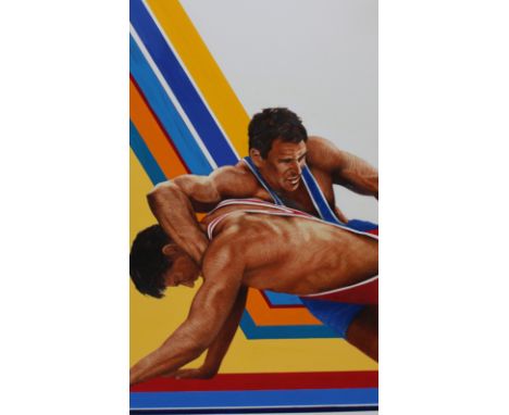 Chris Calle (American, B. 1961) "Olympic Centennial Games - Wrestling" Signed lower right. Mixed Media on Illustration Board.