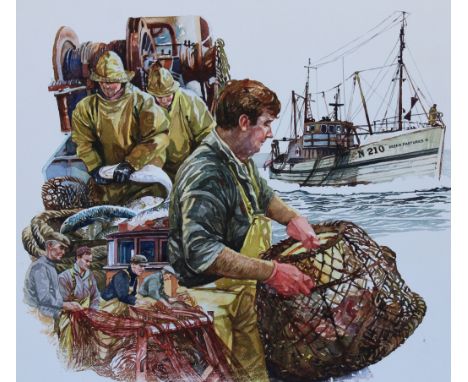 Brian Sanders (British, B. 1937) "Deep Sea Fishing -- Great Britain" Original Watercolor painting on Illustration Board. Prov