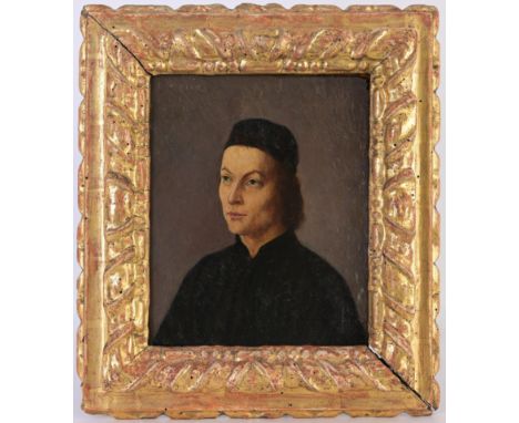 Flemish School Portrait of a man wearing a scull cap Bears initials and date "A.M.P. 1487" upper left. Oil on Panel. Provenan