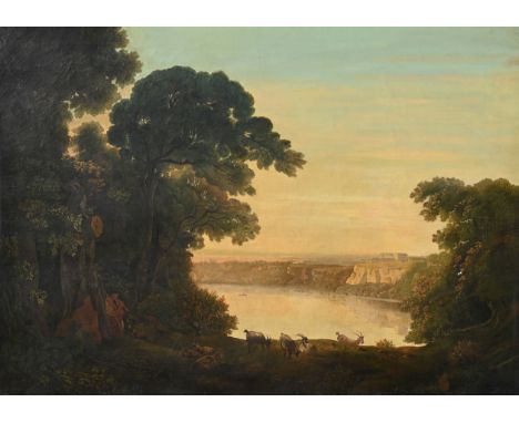 Old Master Style Classical Landscape Scene. Oil on Canvas. Sight Size: 42 x 58 in.  Overall Framed Size: 47 x 63.25 in. 
