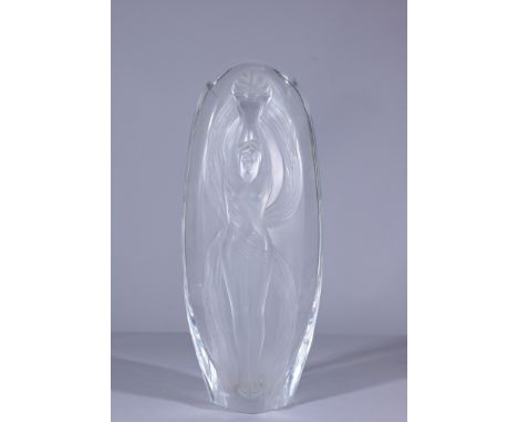 Lalique Figural Glass Vase. Signed near the bottom portion of the vase. Height: 14 in.