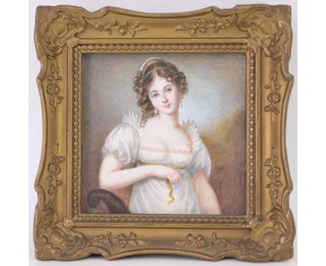 French School, 19th Century Miniature portrait of a young woman Signed lower right Gouache on Board Sight Size: 3 x 3 in. Ove