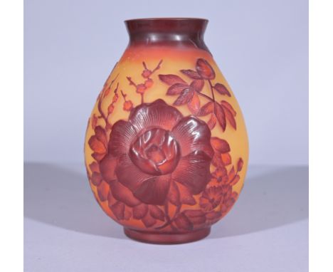 Signed Galle, Large Art Glass Cameo Vase. Signed on lower back edge. Height: 8.5 in.