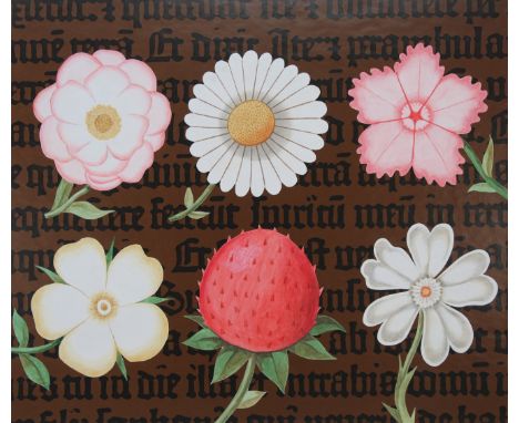 Erik Nitsche (Swiss, 1908 - 1998) "Flowers - Manuscript Illumination" Signed lower right. Original Mixed Media painting on Il