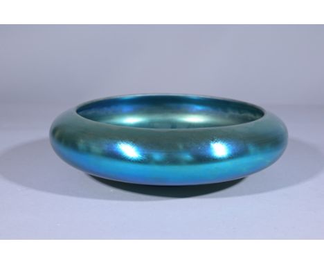 Steuben Blue Aurene Art Glass Low Bowl. Signed and marked on base. Diamater: 10 in.