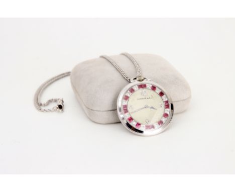 Vintage Tiffany &amp; Co Platinum Diamond &amp; Ruby Pocket Watch. Having 18K white gold chain. Cabochon Rubies are Synthetic