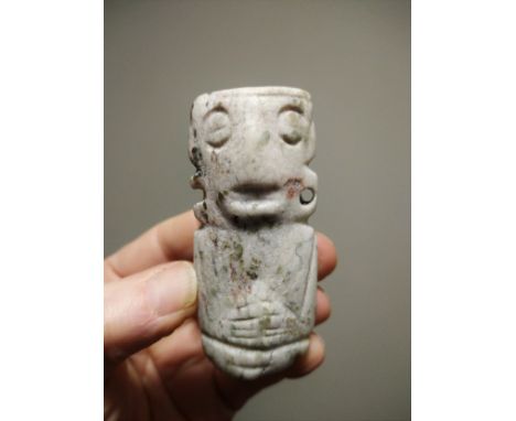 Penate type figure Zapotec Oaxaca, Mexico Terminal Late classic CE 700- 900Whitish green hardstone; drilled and incised, with