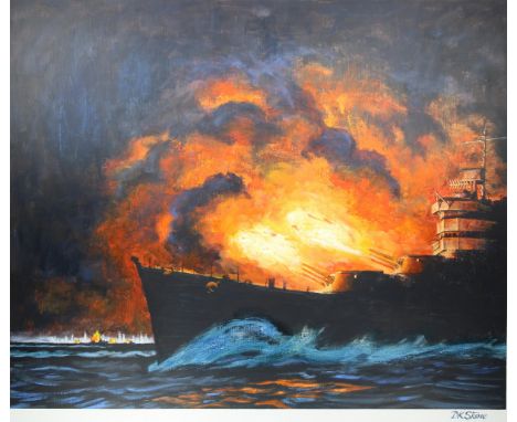 David K. Stone (American, 1922 - 2001) "Battle of Cape Esperance" Signed lower right. Original Oil painting on Masonite. Prov