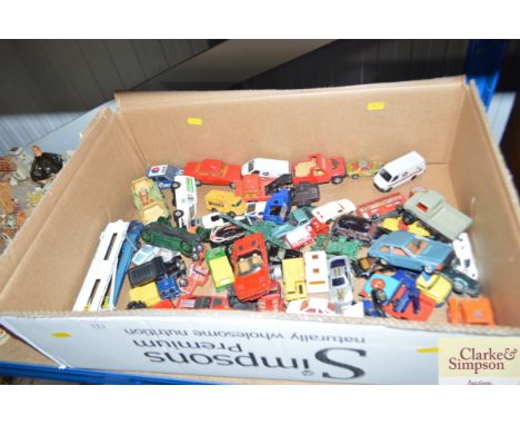 A box of various die cast vehicles to include Corgi, Matchbox etc.