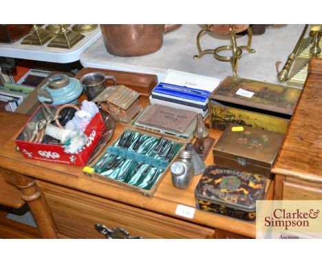 A boxed Parker pen; miniature desk bell; vintage tins; copper crumb tray etc