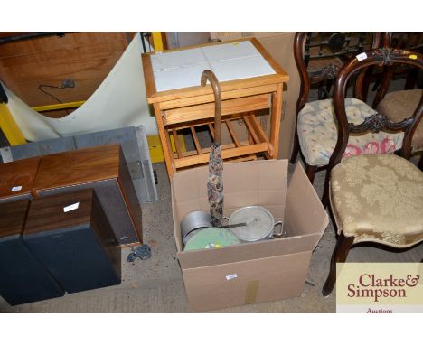 A box containing vintage kitchenalia; an umbrella; and a pine tile topped kitchen rack 