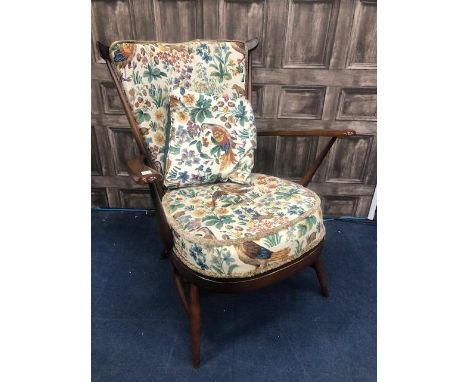 ERCOL FRAMED ARMCHAIR, upholstered in floral fabric depicting animals, along with a mahogany piano stool, with upholstered se